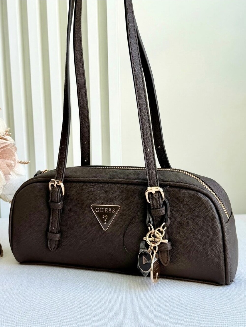 GUESS Dark Brown Saffiano Leather Shoulder Bag with Gold Accents